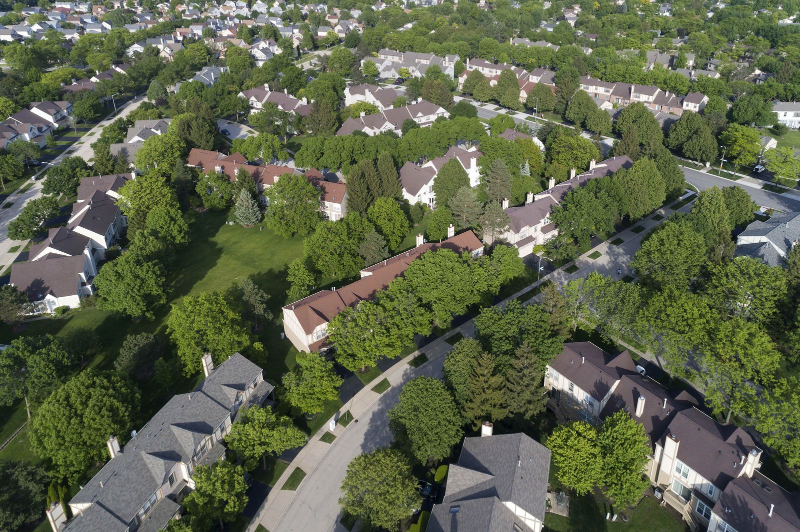 Townhouse row with new roofs seen from above